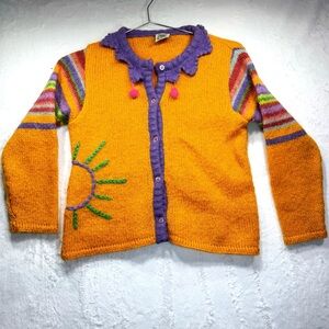 Beetlejuice Girls’ Cardigan Orange Purple Jester Collar & Embroidered Sunshine